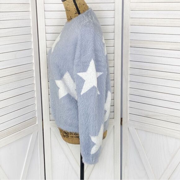 Cliche Stars Fuzzy Crop Pullover Sweater Blue White Medium - Picture 2 of 13
